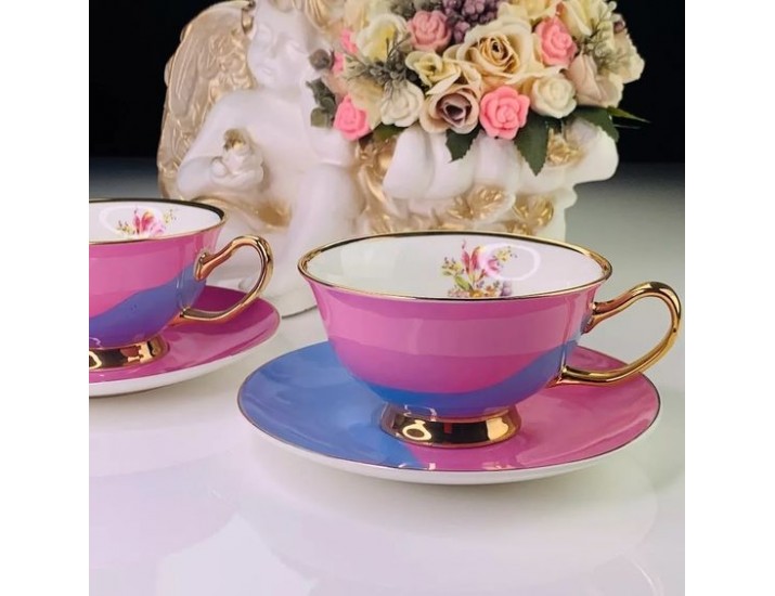 Набор чайных пар на 6 персон 12 предметов 200мл Lenardi розовый/синий 109-054