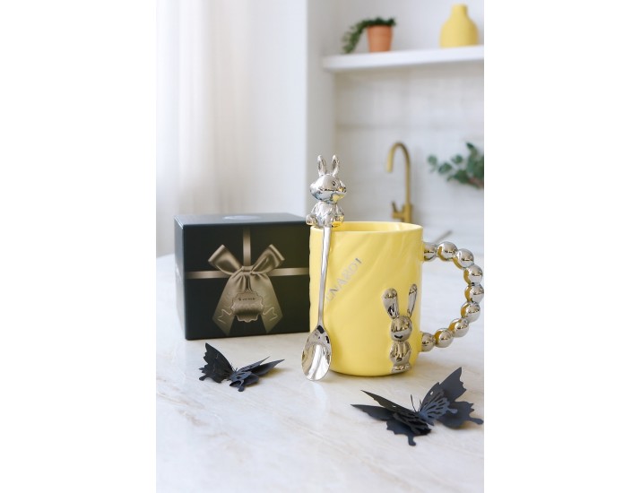  Кружка 430мл с ложкой Lenardi 315-070 жёлтая