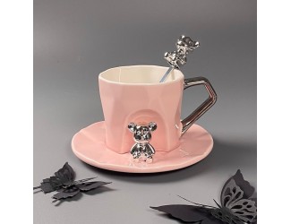 Чашка 250мл с блюдцем и ложкой Lenardi 315-074 розовая