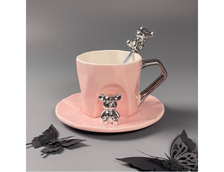 Чашка 250мл с блюдцем и ложкой Lenardi 315-074 розовая