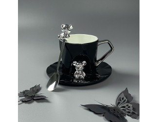 Чашка 250мл с блюдцем и ложкой Lenardi 315-075 чёрная