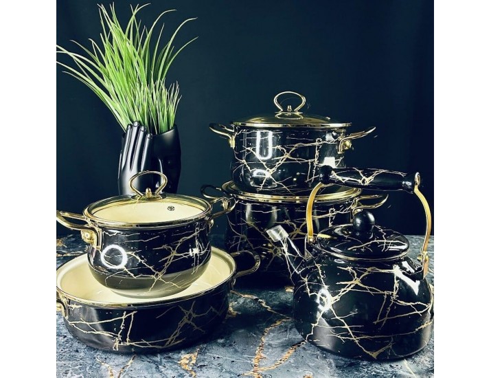 Набор эмалированной посуды из 9 предметов Lenardi Чёрный мрамор 776-054
