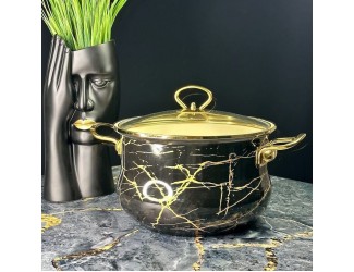 Кастрюля эмалированная 5л с крышкой 24см Lenardi Чёрный мрамор 776-058