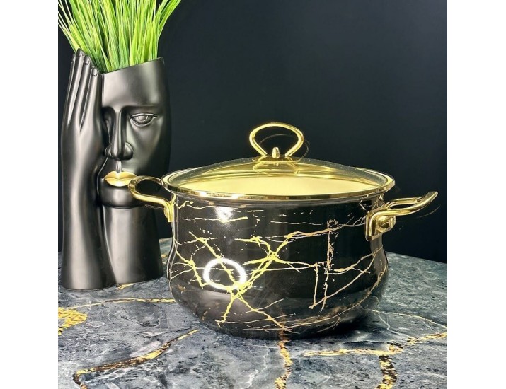 Кастрюля эмалированная 5л с крышкой 24см Lenardi Чёрный мрамор 776-058