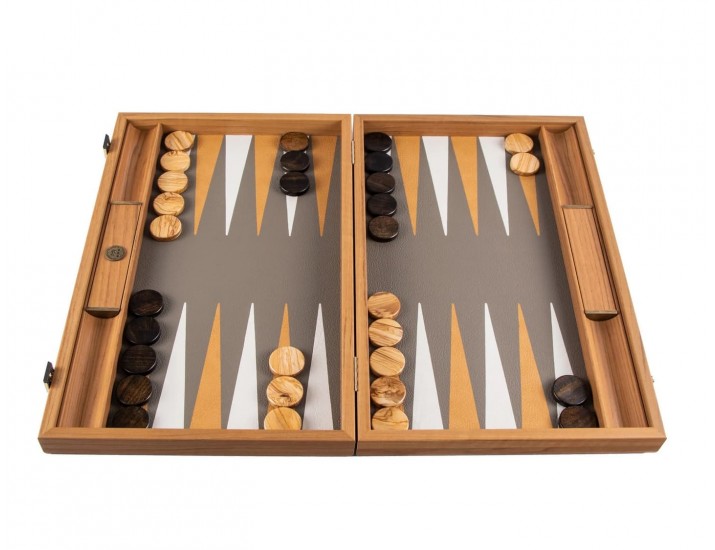 Нарды с боковыми стойками 48x30см Manopoulos BACKGAMMON бежевый с серым эко-кожа под страуса ручная работа