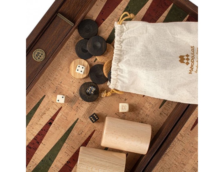 Нарды с боковыми стойками 48x30см Manopoulos BACKGAMMON пробка, фон натурального цвета, детали красный и зеленый ручная работа