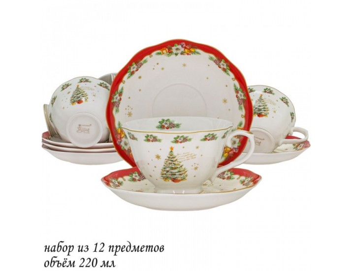 Набор чайных пар на 6 персон 12 предметов 220мл Lenardi Новогодний 205-292