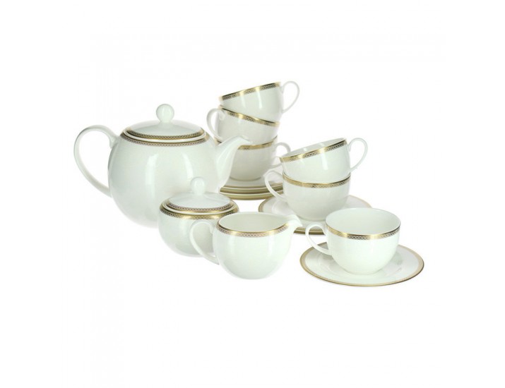 Сервиз чайный на 6 персон 17 предметов Royal Bone China Золотая вышивка