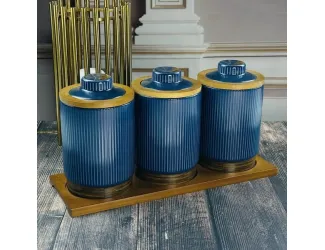 Набор из 3 банок для сыпучих продуктов 900 мл на подставке Lenardi Wood синие 133-394