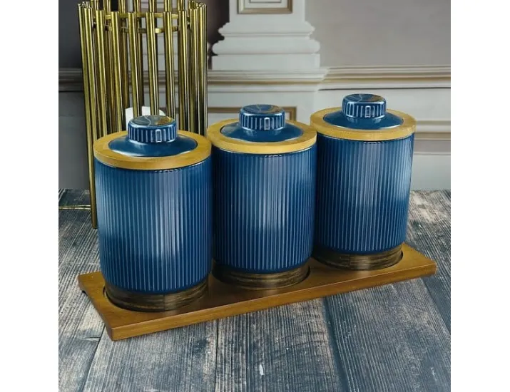 Набор из 3 банок для сыпучих продуктов 900 мл на подставке Lenardi Wood синие 133-394