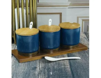 Набор из 3 банок для специй 300 мл с ложками на подставке Lenardi Wood синие 133-396