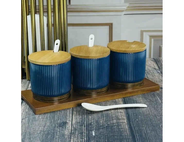 Набор из 3 банок для специй 300 мл с ложками на подставке Lenardi Wood синие 133-396