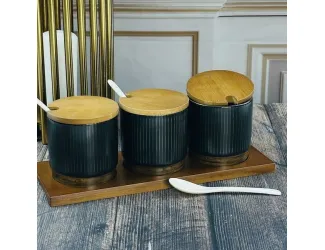 Набор из 3 банок для специй 300 мл с ложками на подставке Lenardi Wood чёрные 133-397