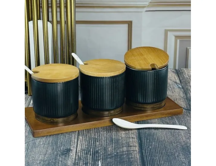 Набор из 3 банок для специй 300 мл с ложками на подставке Lenardi Wood чёрные 133-397