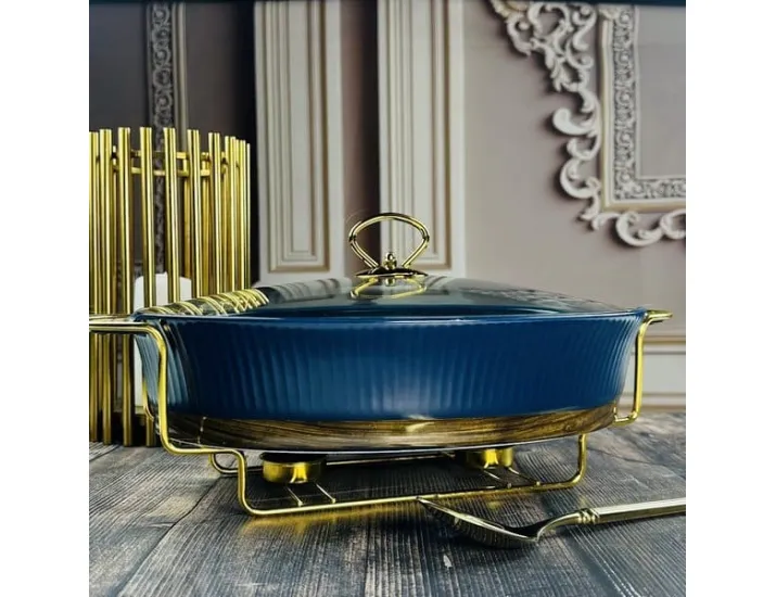 Овальный сервировочный мармит 38см(2,6л) с крышкой на подставке Lenardi Wood синий 133-398