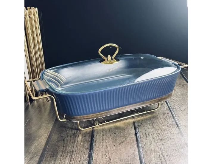 Прямоугольный сервировочный мармит 33см(2л) с крышкой на подставке Lenardi Wood синий 133-402