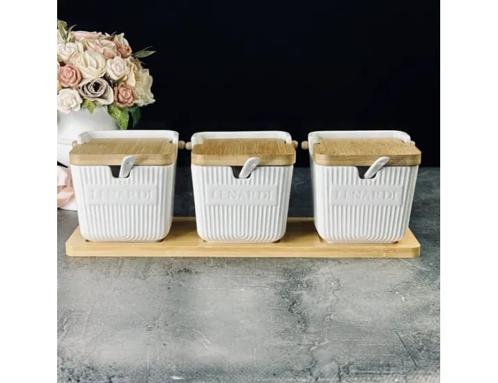 Набор из 3 банок 350 мл с ложками на подставке Lenardi Bamboo 140-084