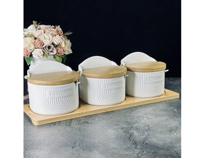 Набор из 3 банок 420 мл с ложками на подставке Lenardi Bamboo 140-085