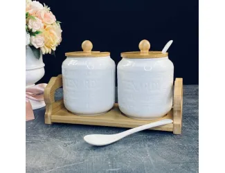 Набор из 2 банок 350мл для специй с ложками на подставке Lenardi Bamboo 140-120