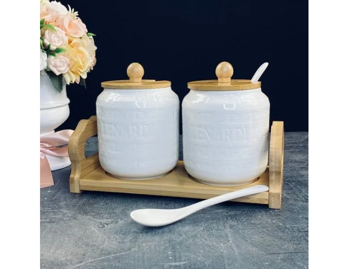 Набор из 2 банок 350мл для специй с ложками на подставке Lenardi Bamboo 140-120