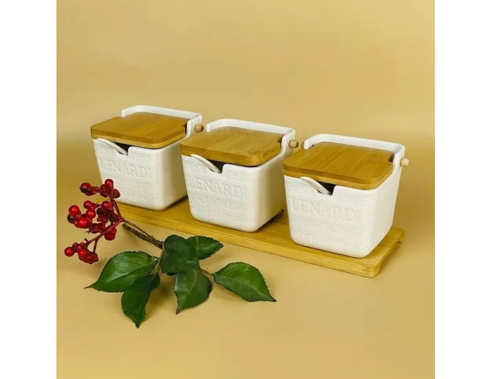 Набор из 3 банок 350мл для специй с ложками на подставке Lenardi Bamboo 140-147