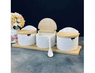 абор из 3 банок 420 мл для специй с ложками на подставке Lenardi Bamboo 140-148
