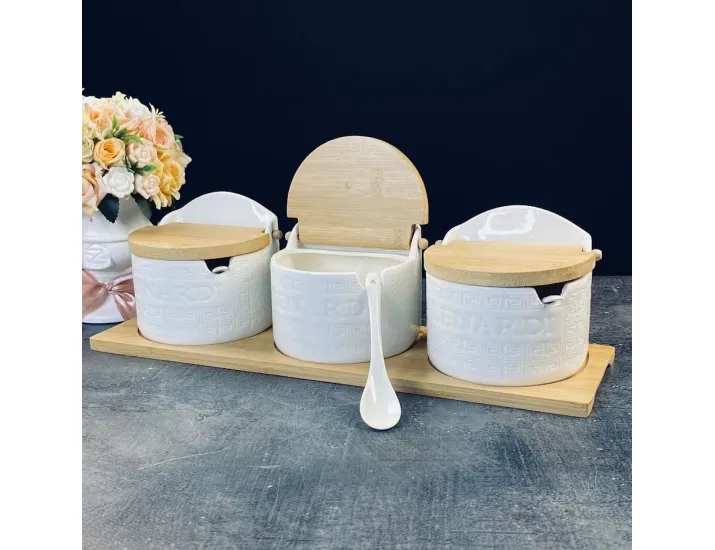 абор из 3 банок 420 мл для специй с ложками на подставке Lenardi Bamboo 140-148