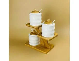 Набор из 3 банок 320мл для специй с ложками на подставке Lenardi Bamboo 140-154