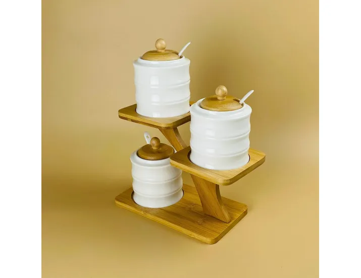 Набор из 3 банок 320мл для специй с ложками на подставке Lenardi Bamboo 140-154