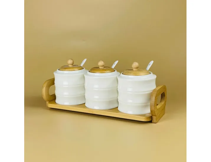 Набор из 3 банок 320мл для специй с ложками на подставке Lenardi Bamboo 140-155