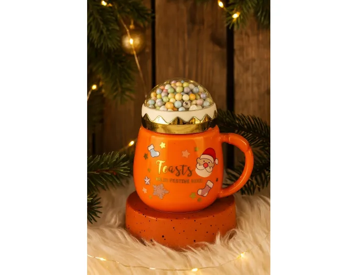 Кружка крышкой 470мл Lenardi Новогодний 315-005 оранжевая