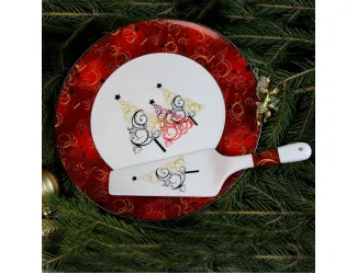 Блюдо для торта с лопаткой Акку Новый год (золото,красное) 27,5см 7202А