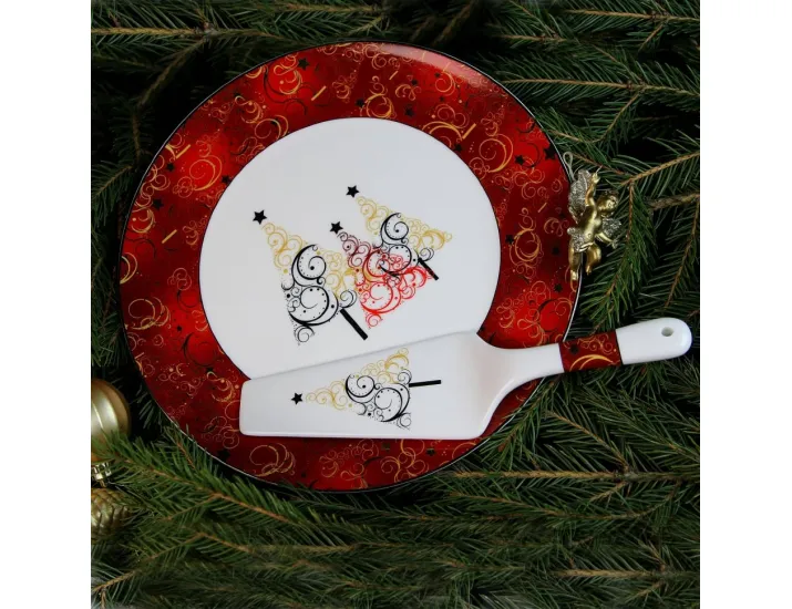 Блюдо для торта с лопаткой Акку Новый год (золото,красное) 27,5см 7202А