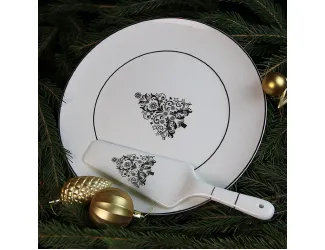 Блюдо для торта с лопаткой Акку Новый год (белый с золотом) 27,5см 7203А