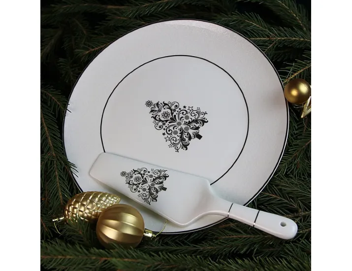 Блюдо для торта с лопаткой Акку Новый год (белый с золотом) 27,5см 7203А