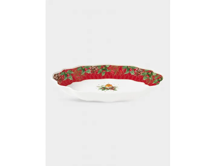 Блюдо 30x21x5 см белое с красным кантом овальное Ягоды и листья Easy Life Christmas Berries