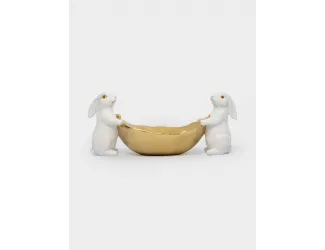 Блюдо декоративное, 22х10 см, полирезин, молочно-золотистое, Кролики с листом, White Rabbit