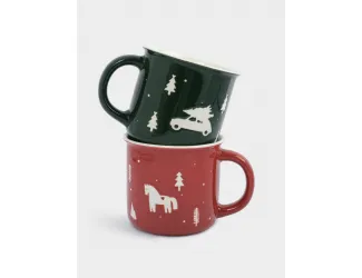 Кружка, 370 мл, 2 шт, фарфор N, зеленая/красная, Лошадь/Машина с елкой, Retro