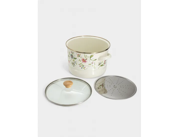 Кастрюля 24 см 6.5 л со вставкой-пароваркой эмалированная с крышкой молочная Цветы Ejiry Provence