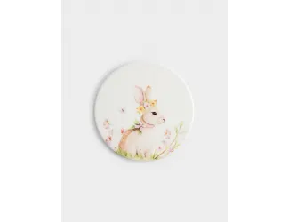 Подставка под кружку, 11 см, круглая, керамика/пробка, белая, Кролик с венком в цветах, Easter rabbit