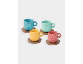 Набор чашек, 4 шт, 0.11 л, мятный, морская волна, красный, жёлтый, на подставке, акация,  Радуга