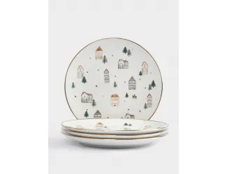 Тарелка закусочная, 19 см, 4 шт, фарфор N, бело-золотистая, Домики и ели, Townlet