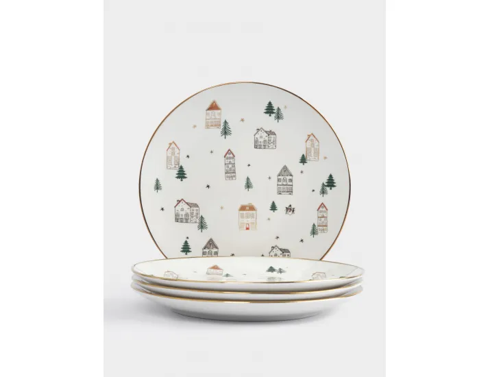 Тарелка закусочная 19 см 4 шт бело-золотистая Домики и ели Anna Lafarg Townlet