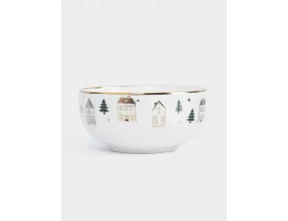 Пиала, 14x7 см, фарфор N, бело-золотистая, Домики и ели, Townlet