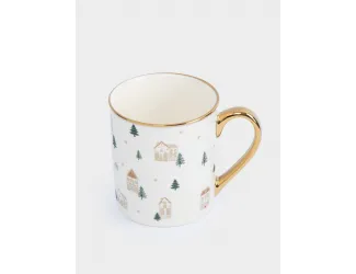 Кружка, 300 мл, фарфор N, бело-золотистая, Домики и ели, Townlet