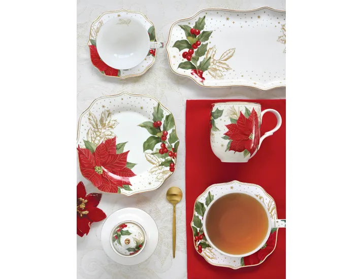 Сахарница 0,25 л белая с золотистым кантом Пуансеттия и ягоды Easy Life Poinsettia and berries