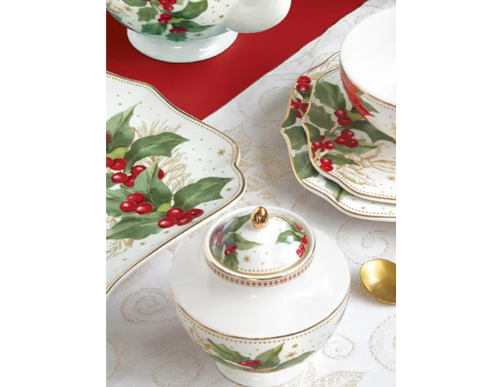 Сахарница 0,25 л белая с золотистым кантом Пуансеттия и ягоды Easy Life Poinsettia and berries