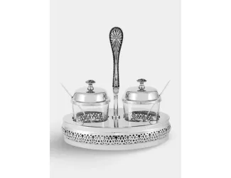 Вазочка для джема, 21x14 см, 2 шт, с ложкой, на подставке, стекло/сталь, Brittany