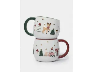 Кружка, 400 мл, 2 шт, керамика D, зеленая/красная, Олень и Кот, New year