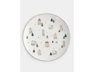 Тарелка обеденная, 27 см, фарфор N, бело-золотистая, Домики и ели, Townlet